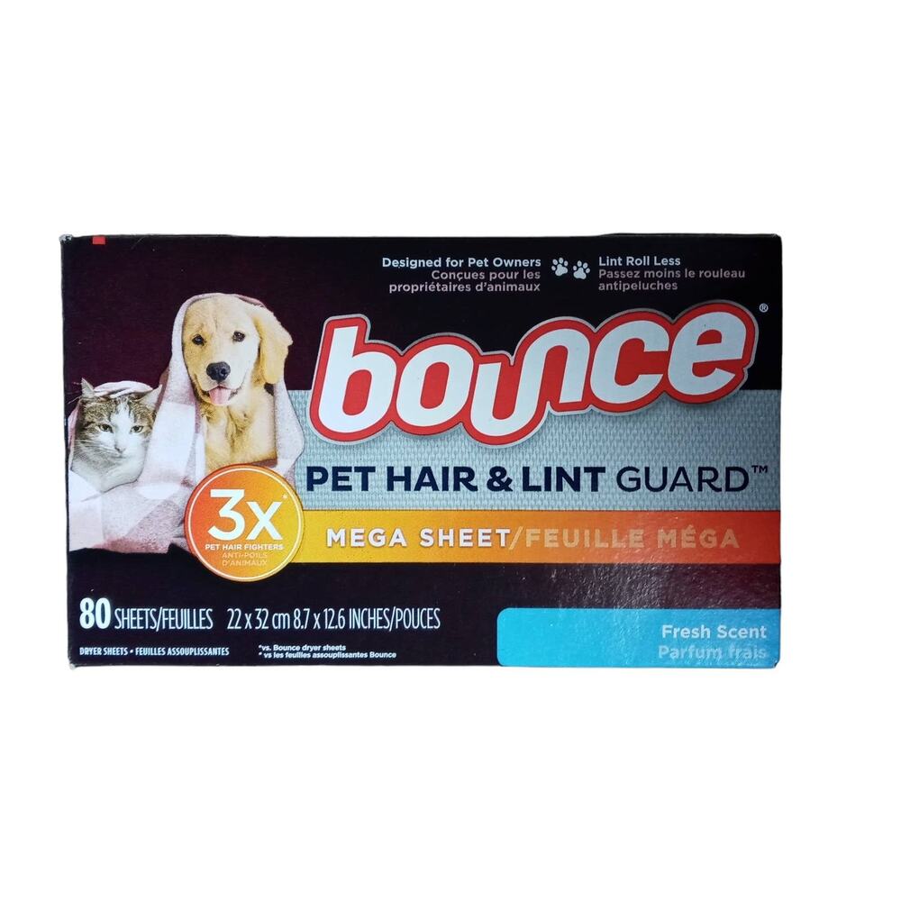 Bounce Pet Hair Lint Guard Mega Dryer Sheets, 3X Pet Hair Fighters 80 Count